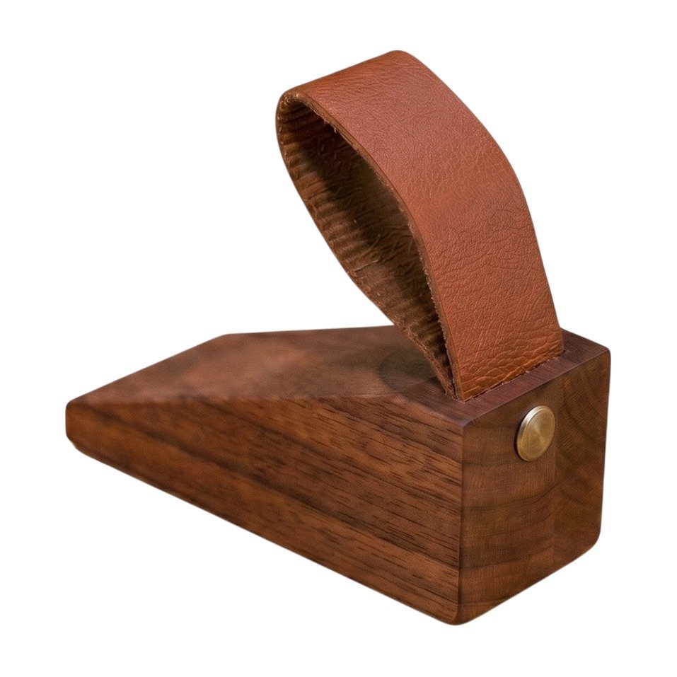Butoir de porte en bois massif avec sangle en cuir et base antidérapante pour maintenir les portes ouvertes Butoir de porte en bois massif avec sangle en cuir et base antidérapante pour maintenir les portes ouvertes