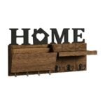 Porte-clés mural en bois marron, noir et blanc avec crochets, étagères et design HOME pour une entrée organisée