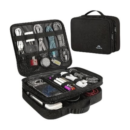 Organiseur de voyage pour électronique noir, gris et rose avec plusieurs compartiments et attaches élastiques pour câbles