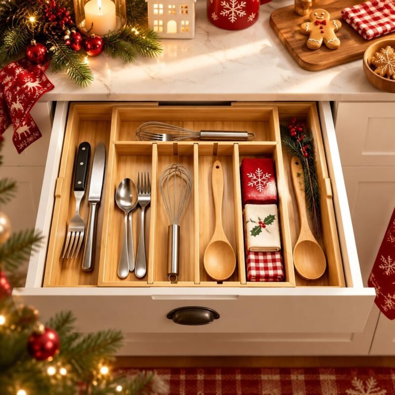 Range-couverts extensible en bambou avec ustensiles dans un tiroir de cuisine ouvert