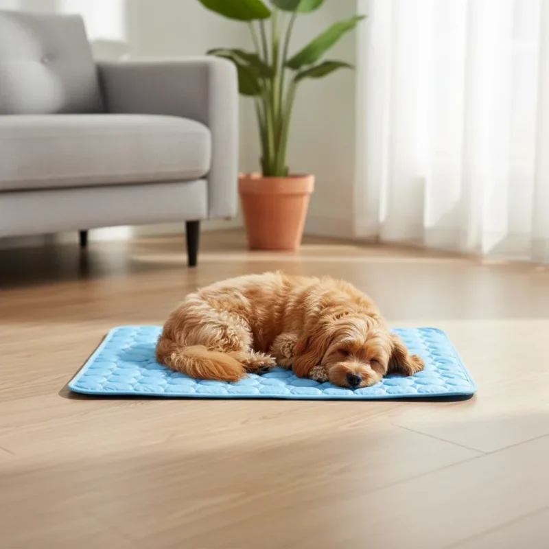 Chien dormant sur un tapis rafraîchissant sur un parquet dans un salon lumineux