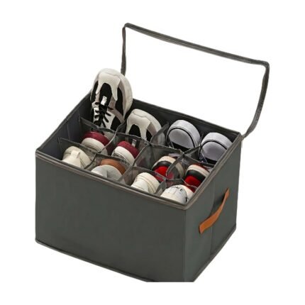 Rangement à chaussures pliable avec couvercle gris, noir et beige pour un rangement organisé à l’abri de la poussière