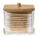 Porte-cotons-tiges en acrylique avec couvercle en bambou pour un rangement organisé et protégé de la poussière dans la salle de bain