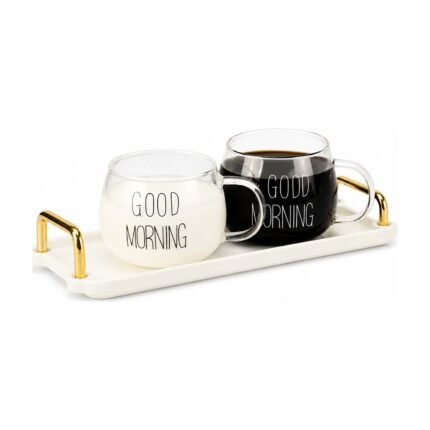 Mug petit-déjeuner en verre avec anse et inscription – Lot de 2