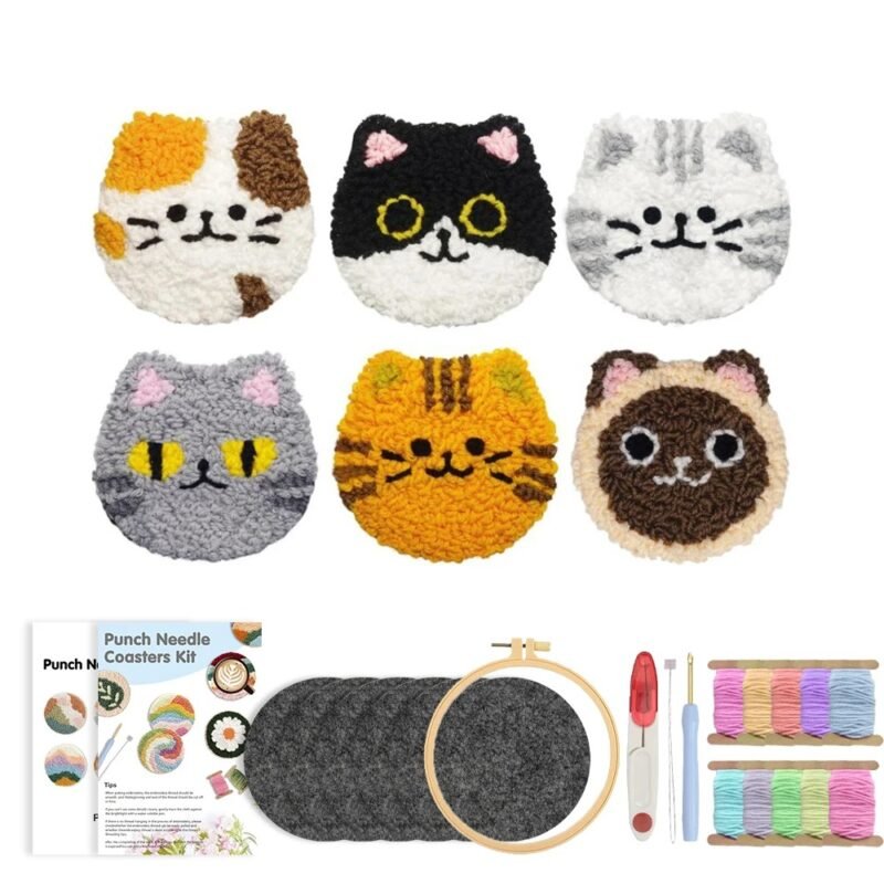 Kit punch needle pour 6 sous-verres motifs chats
